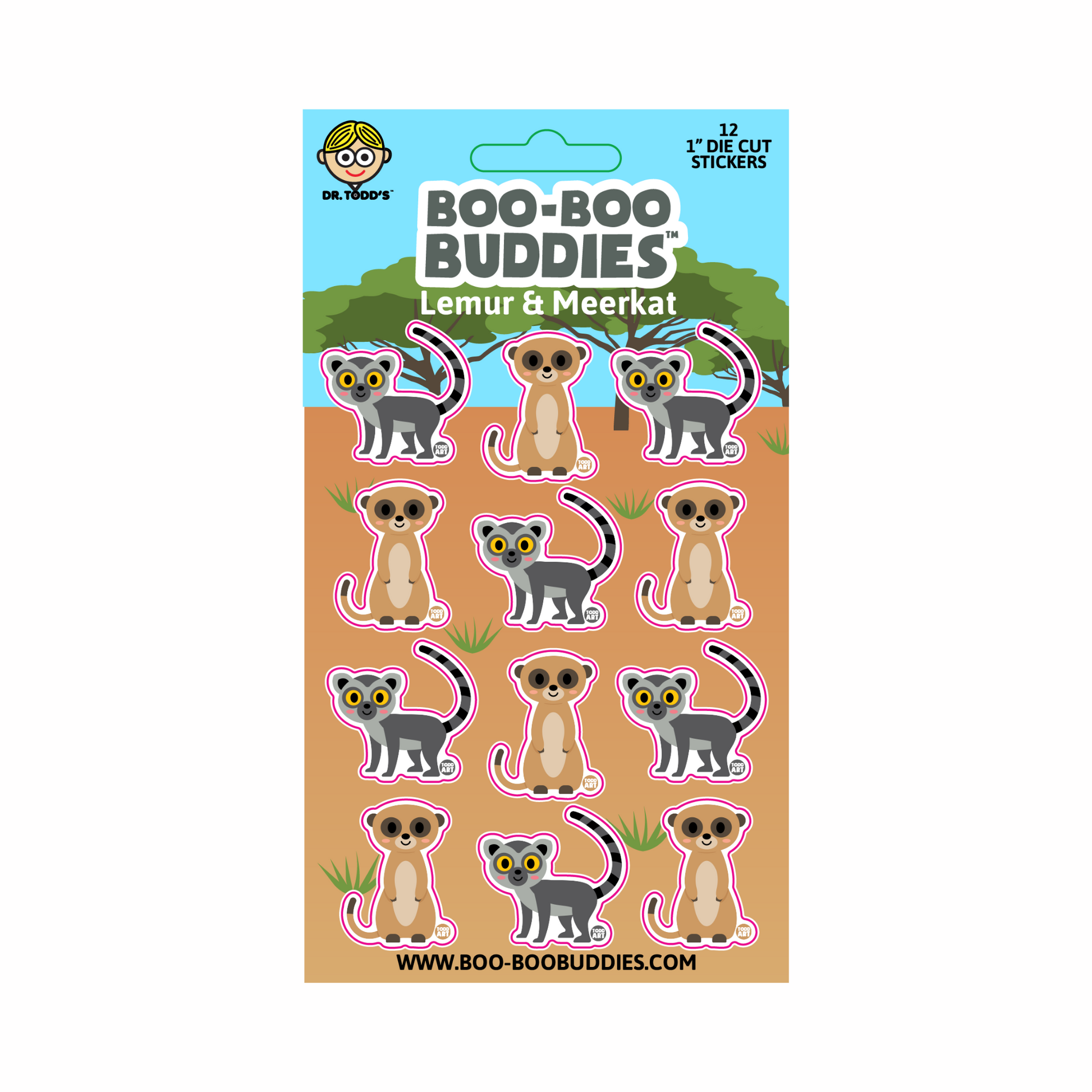 Adorable 1-inch vinyl stickers with playful lemurs and curious meerkats—perfect for kids' crafts, water bottles, and sticker boo