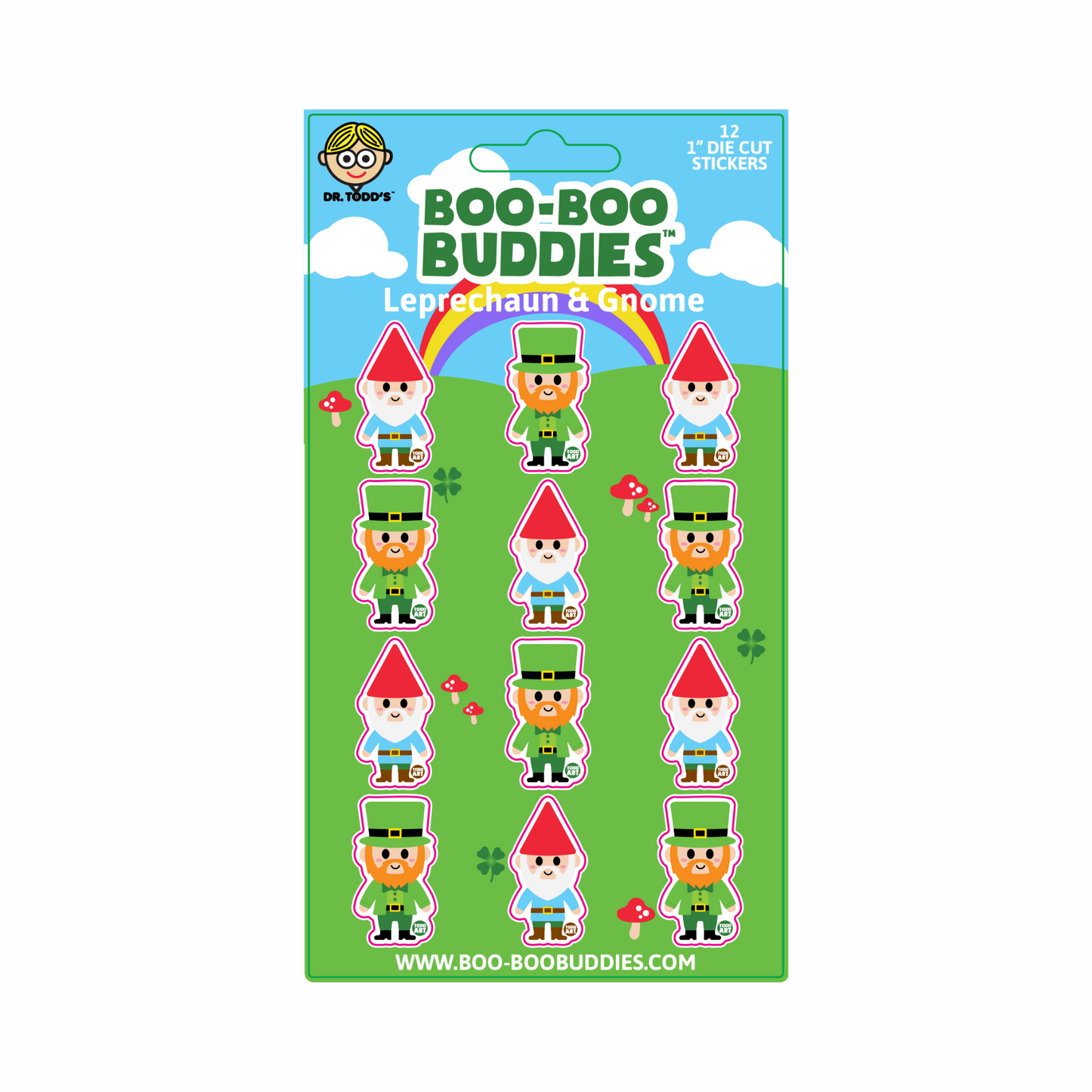 Whimsical 1-inch vinyl stickers with lucky leprechauns and cheerful gnomes—perfect for crafts, water bottles, and holiday decorations.