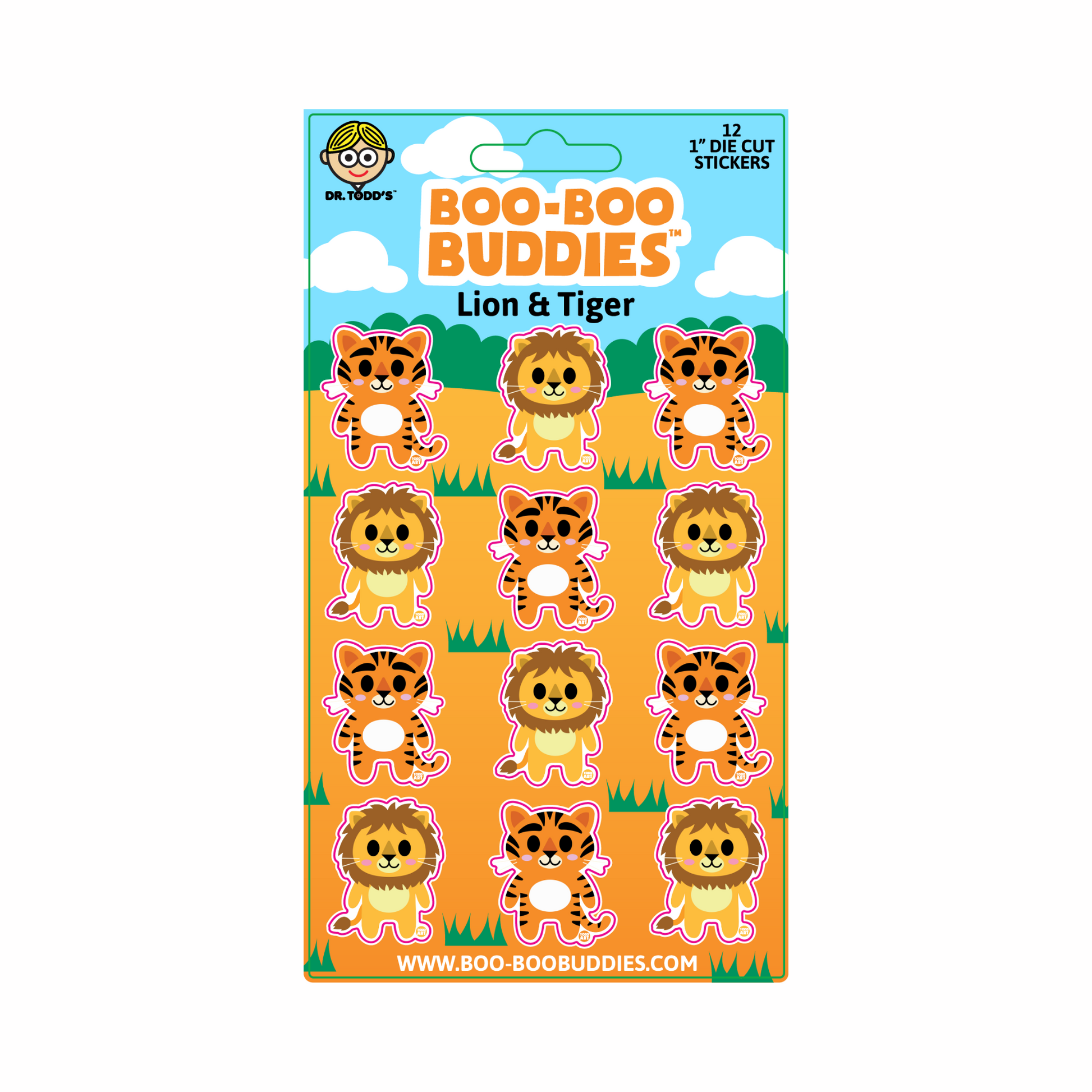 Boo-Boo Buddies® Lion and Tiger sticker sheet featuring 12 fun 1-inch vinyl stickers with adorable cartoon lions and tigers on a bright orange jungle-themed background
