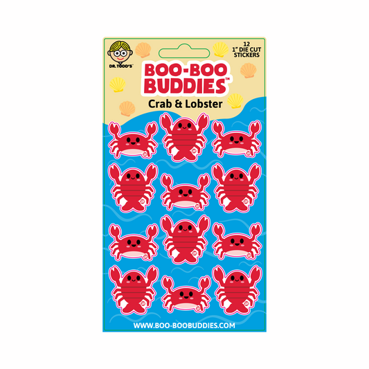 Boo-Boo Buddies® Crab & Lobster Sticker Sheet with 12 cute 1-inch sea creature stickers—features smiling red crabs and lobsters, perfect for ocean-themed crafts, beach party favors, kids’ water bottles, or scrapbooks


