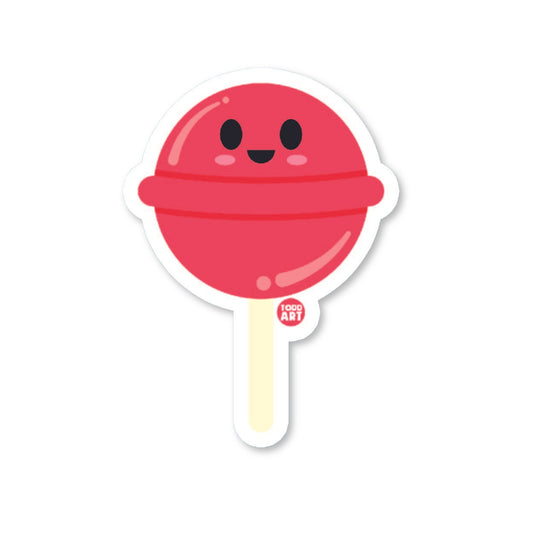 A die-cut vinyl sticker of a red lollipop with a face, designed by Boo Boo Buddies.