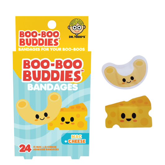 Mac & Cheese Bandages for Kids – Waterproof, Latex-Free, 24 Count | Dr. Todd’s Boo-Boo Buddies®