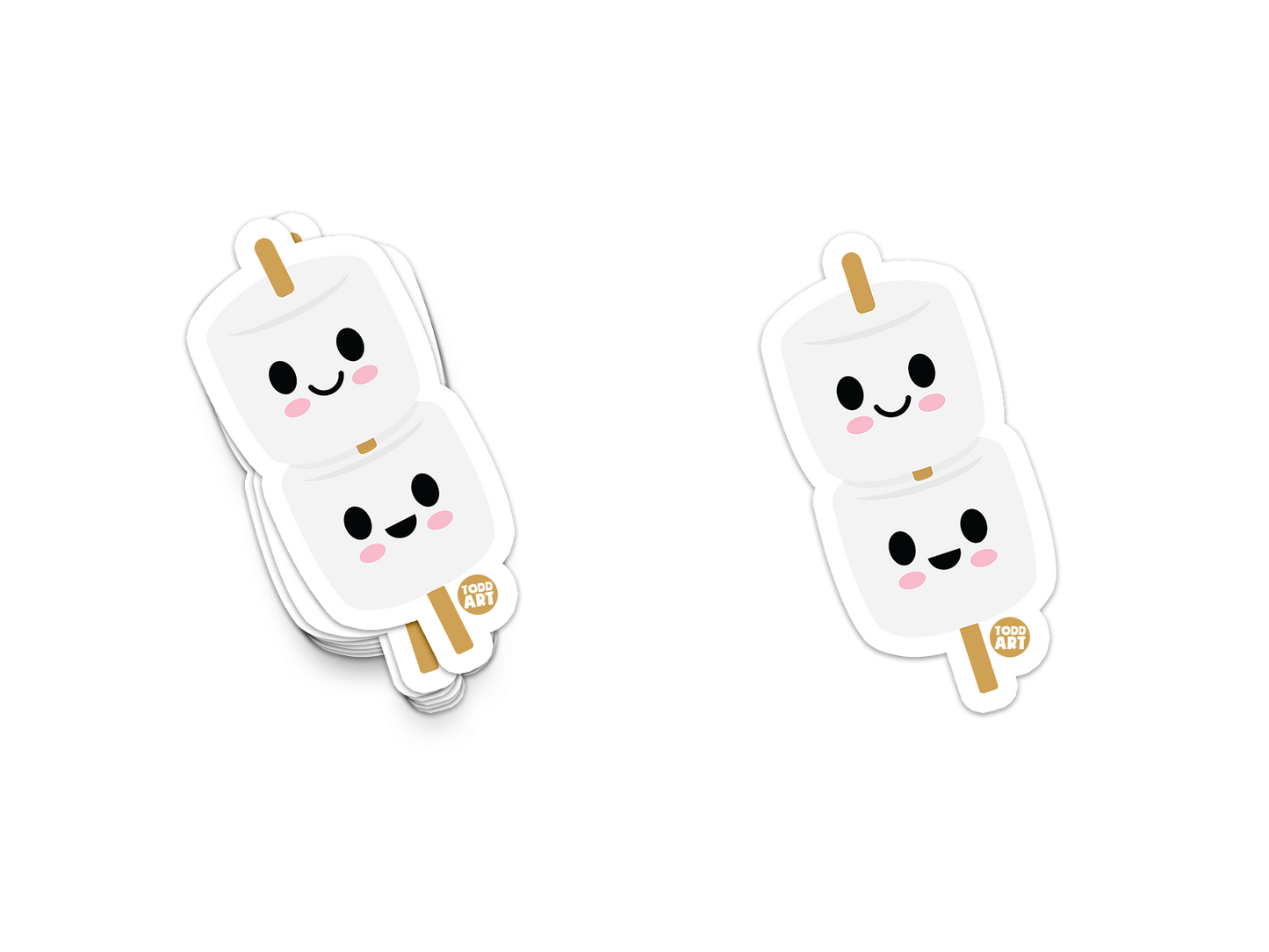 Two die-cut vinyl stickers depicting marshmallows on a stick with cute facial expressions, intended for use on various surfaces.
