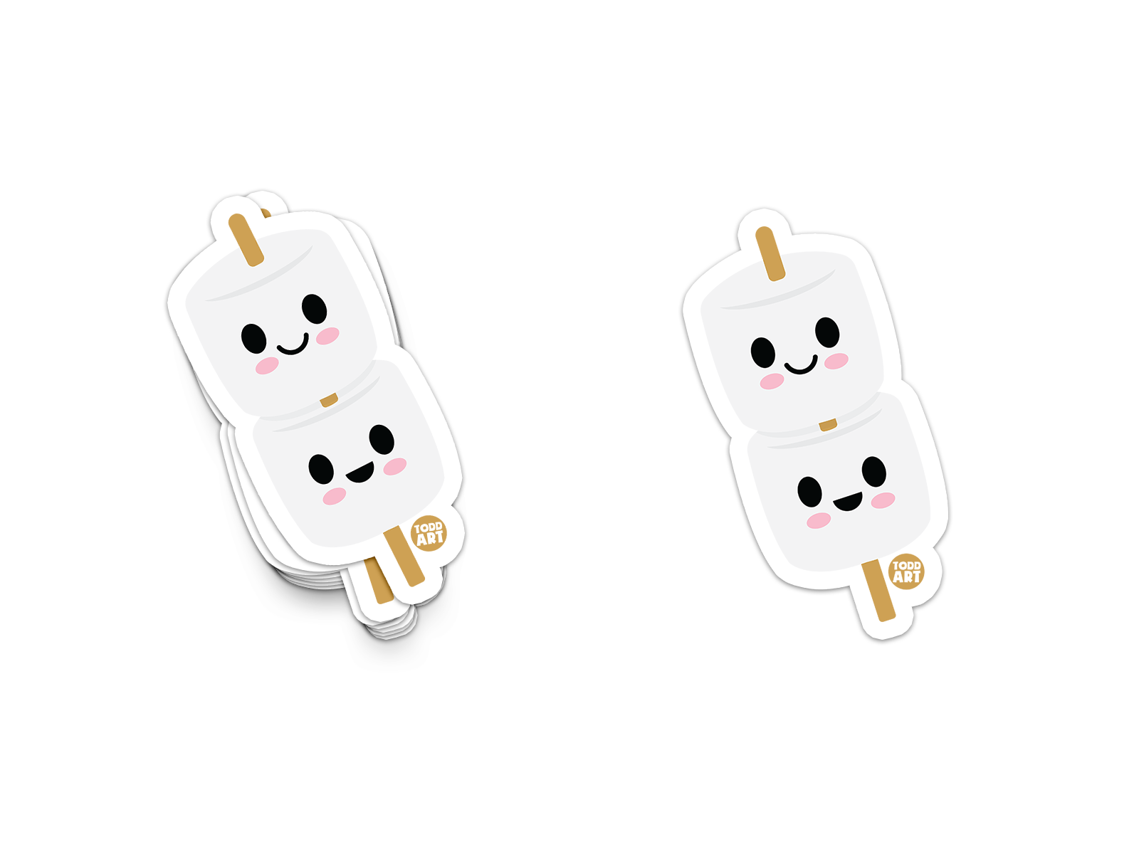 Two die-cut vinyl stickers depicting marshmallows on a stick with cute facial expressions, intended for use on various surfaces.