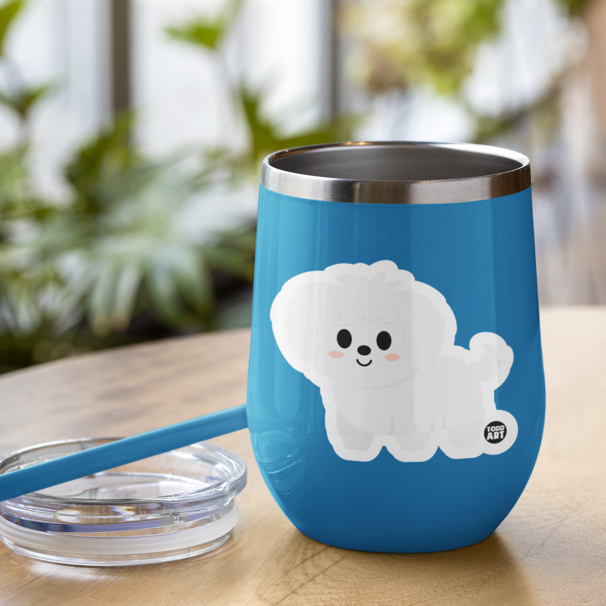 Blue tumbler with Boo-Boo Buddies® collectible vinyl sticker featuring a cute white Maltese dog – perfect for kids, pet lovers, water bottles, and crafts
