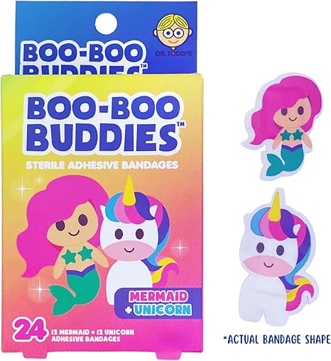 2-Pack Boo Boo Buddies™ 24 Pack Mermaid & Unicorn Shape Bandages + 24 Pack Princess & Frog Shape Bandages – Fun, Latex-Free Kids Bandages for Cuts & Scrapes