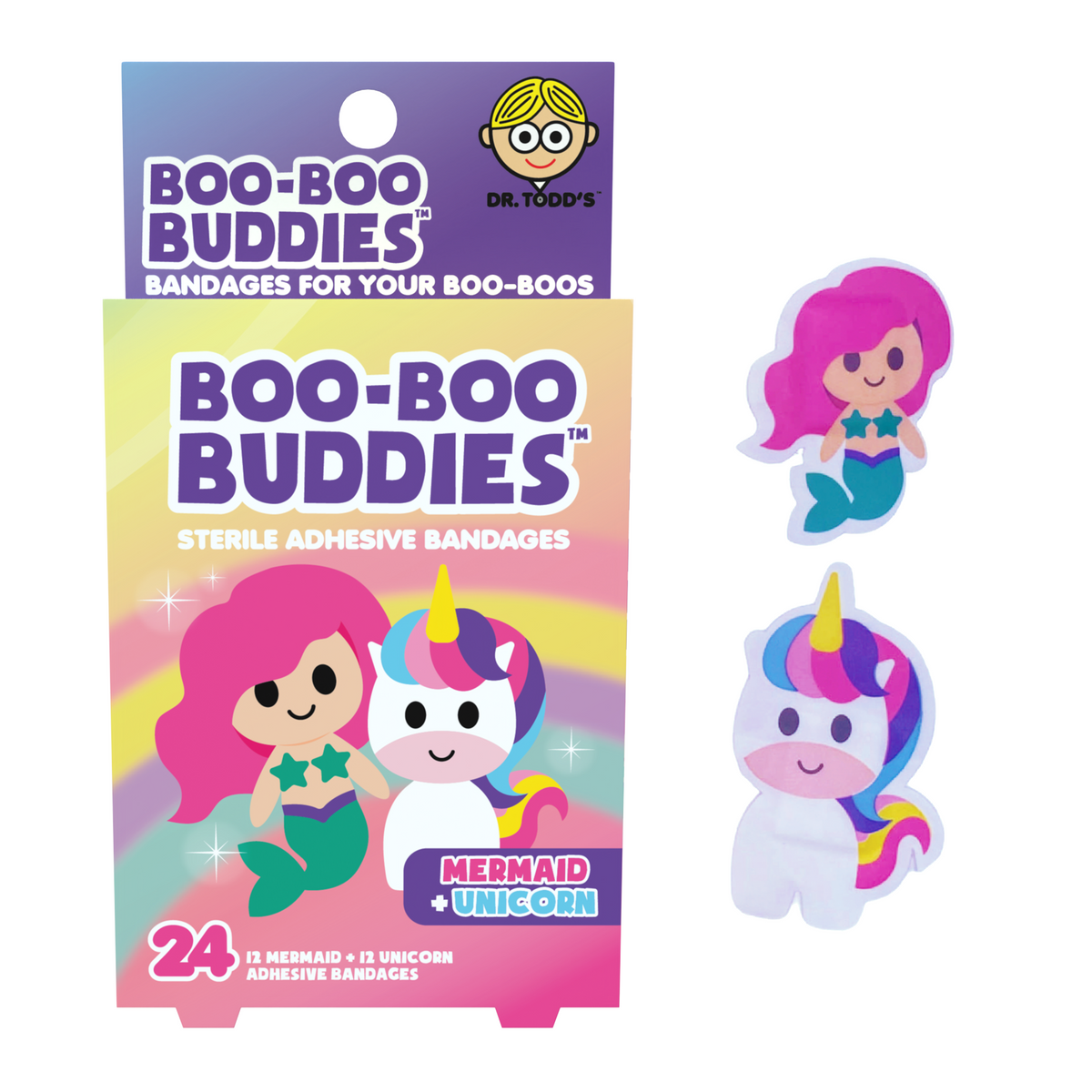 Dr. Todd's Boo-Boo Buddies Mermaid and Unicorn box packaging with custom die-cut character bandages