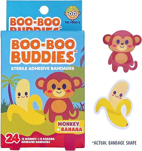 2-Pack Boo Boo Buddies™ Honey & Bear and Monkey & Banana Bandages – 48 Ct | Waterproof, Latex-Free, Fun Kids Adhesive Bandages for First Aid, Party Favors, Sensitive Skin, and Playful Healing