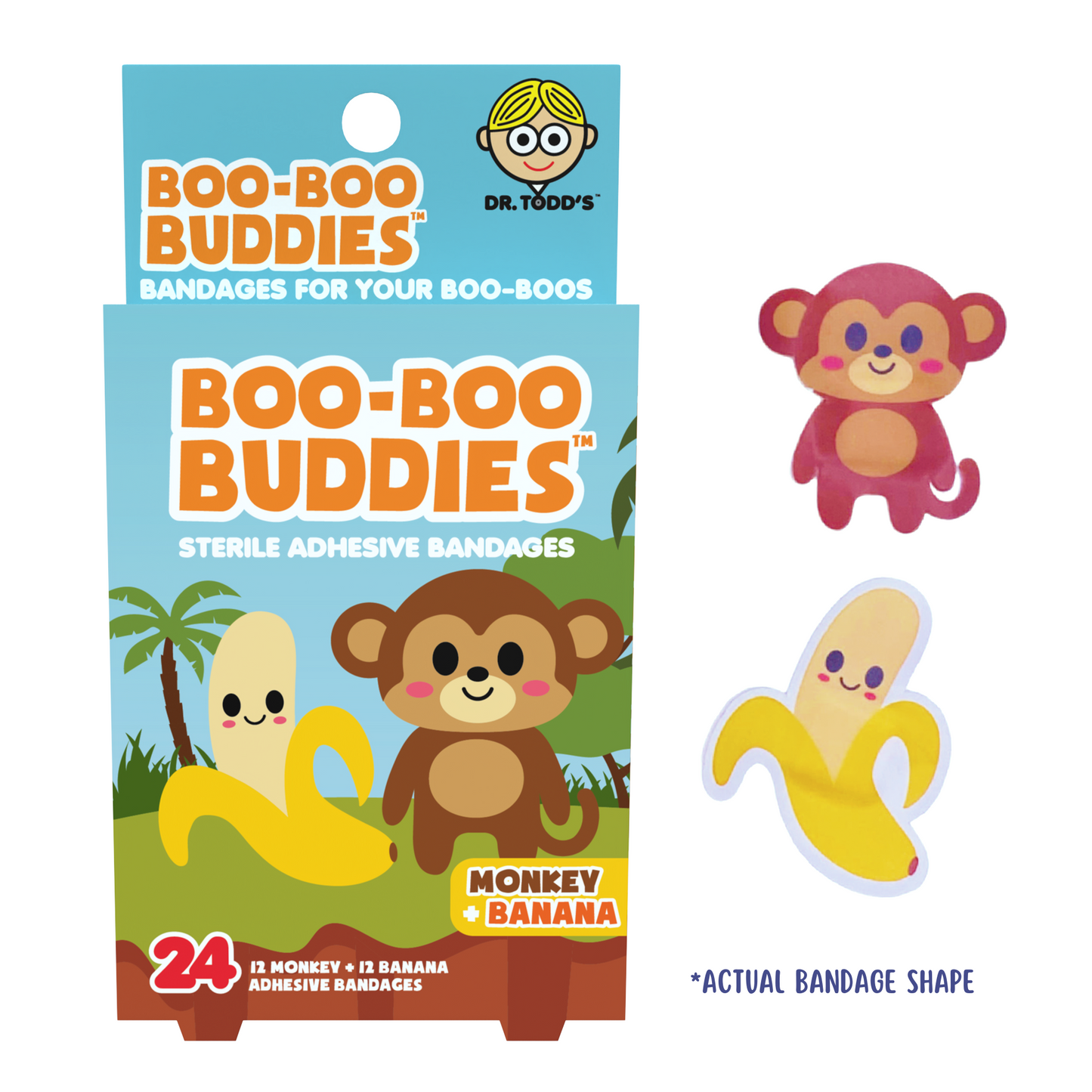Monkey & Banana Bandages for Kids – Waterproof, Latex-Free, 24 Count