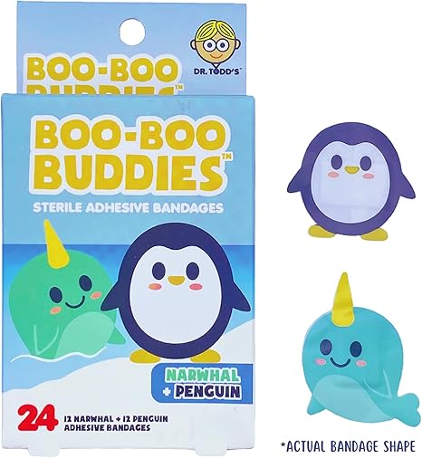 2-Pack Boo Boo Buddies™ Shark + Whale and Narwhal + Penguin Bandages – 48 Ct | Fun, Waterproof, Latex-Free Bandages for Kids | First Aid Adhesive Bandages for Sensitive Skin | Cute Marine Animal Shapes
