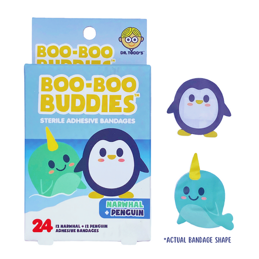 Narwhal & Penguin Bandages for Kids – Waterproof, Latex-Free, 24 Count | Dr. Todd’s Boo-Boo Buddies®