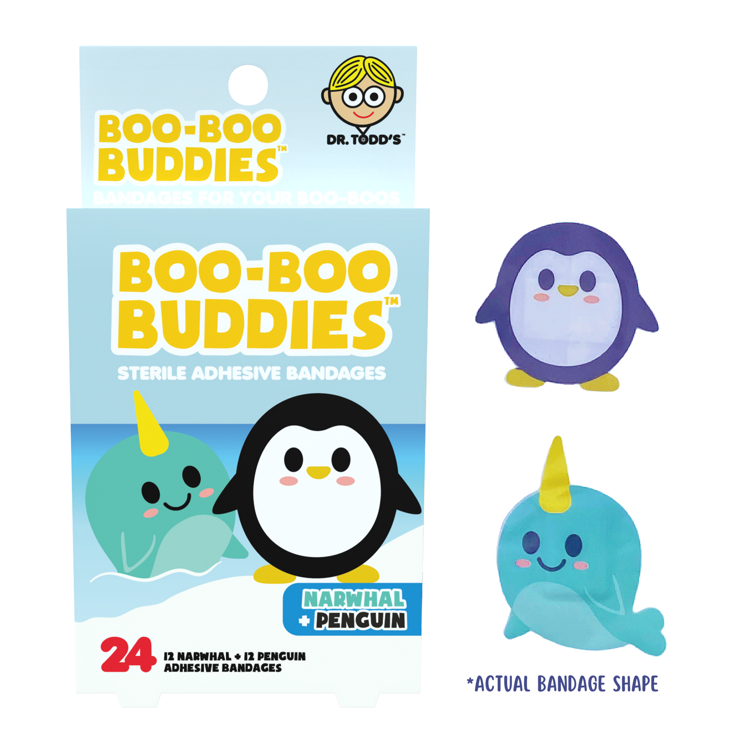 Narwhal & Penguin Bandages for Kids – Waterproof, Latex-Free, 24 Count