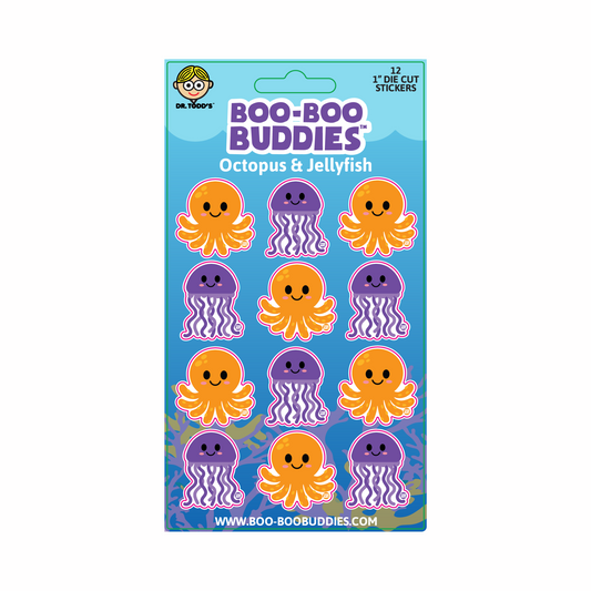 Cute ocean-themed 1-inch vinyl stickers with smiling octopus and jellyfish—perfect for kids' crafts, bottles, notebooks, and party favors.