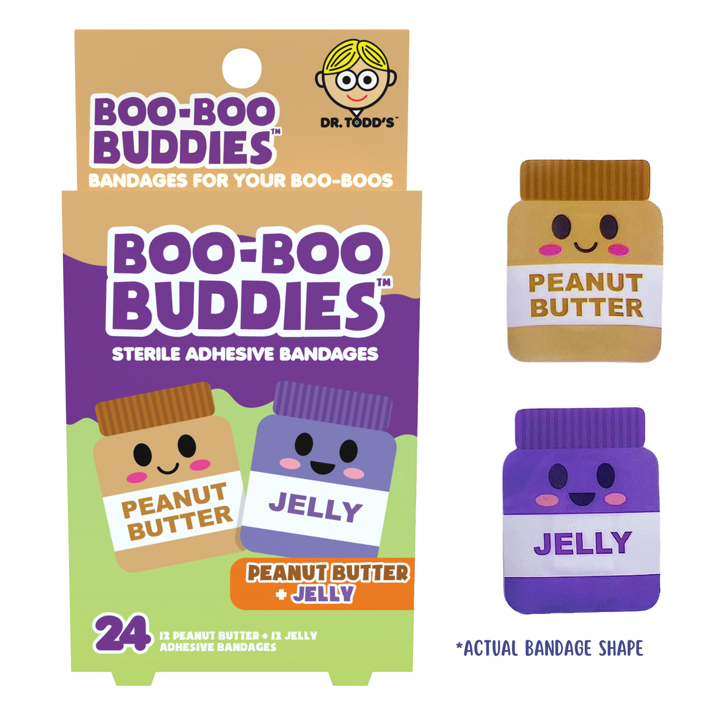 Peanut Butter & Jelly Bandages for Kids – Waterproof, Latex-Free, 24 Count
