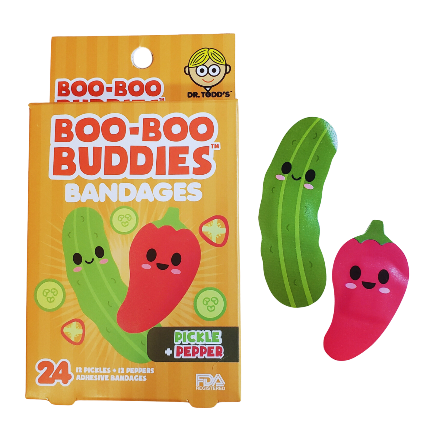 Pickle &  Pepper Bandages for Kids – Waterproof, Latex-Free, 24 Count | Dr. Todd’s Boo-Boo Buddies®