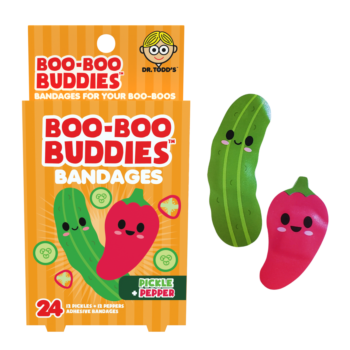 Pickle &  Pepper Bandages for Kids – Waterproof, Latex-Free, 24 Count | Dr. Todd’s Boo-Boo Buddies®