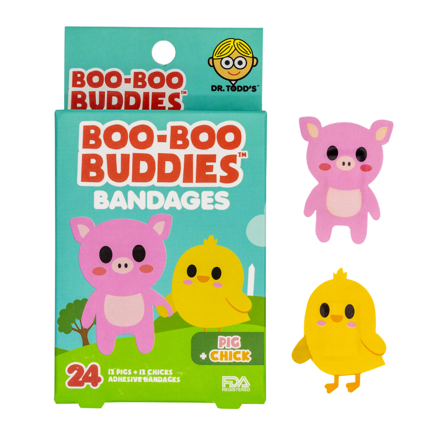 Pig & Chick Bandages for Kids – Waterproof, Latex-Free, 24 Count | Dr. Todd’s Boo-Boo Buddies®