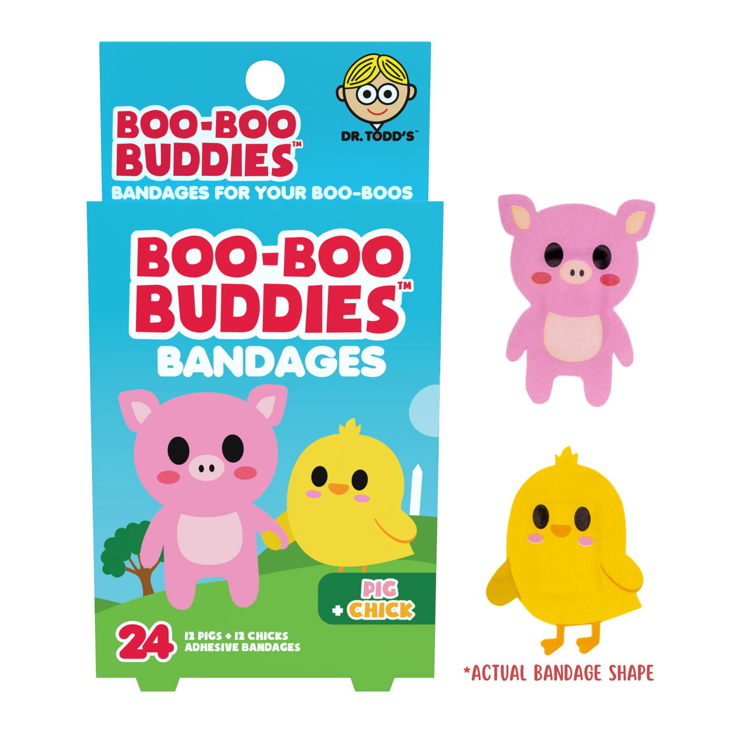 Pig & Chick Bandages for Kids – Waterproof, Latex-Free, 24 Count