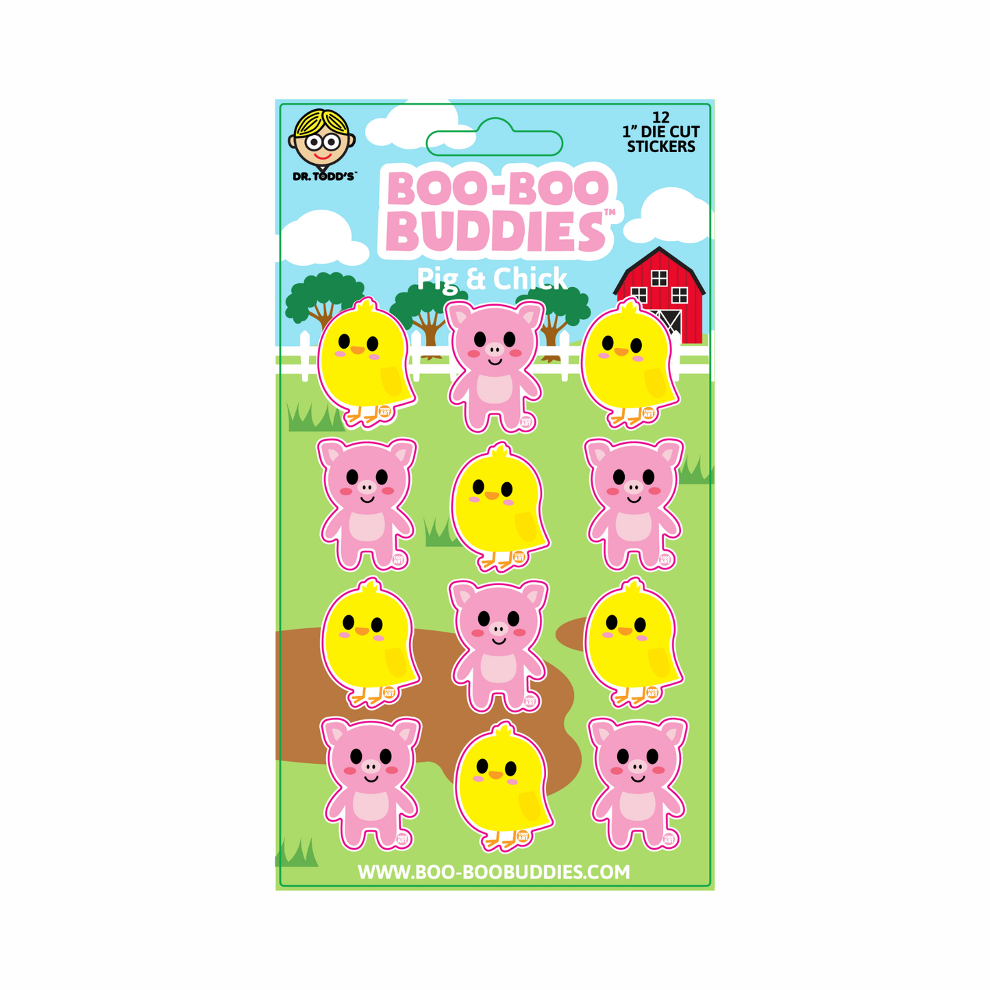 Adorable 1-inch vinyl stickers with smiling pig and chick designs, perfect for kids' crafts, water bottles, and sticker collections.