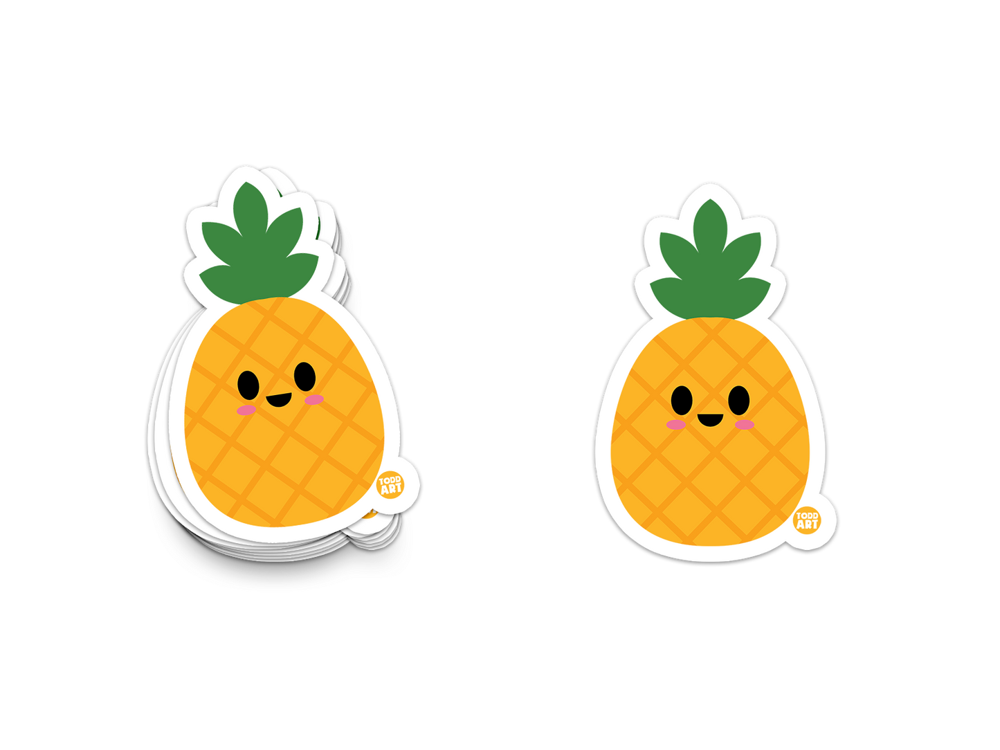 Two cute pineapple-shaped stickers with smiling faces on a white background