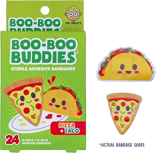 2-Pack Boo Boo Buddie Kids Bandages – 48 Ct | Burger + Fries, Pizza + Taco Shape Bandages | Fun, Waterproof, Latex-Free, Sensitive Skin-Friendly First Aid for Kids