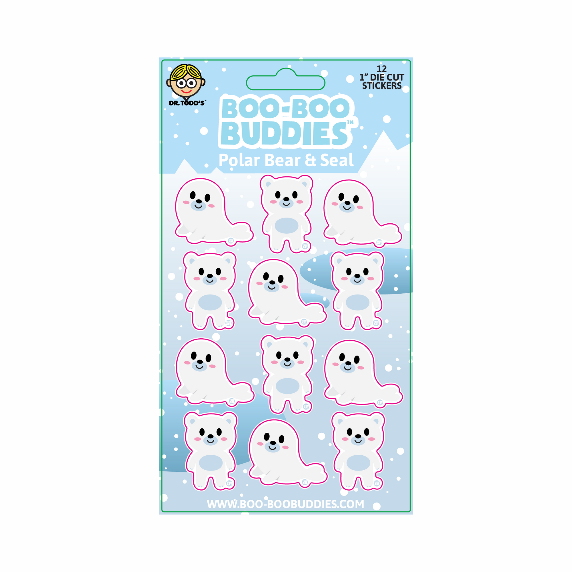 Boo-Boo Buddies® Polar Bear and Seal Sticker Sheet featuring 12 adorable 1-inch Arctic animal stickers—great for school supplies, party favors, crafts, and collecting
