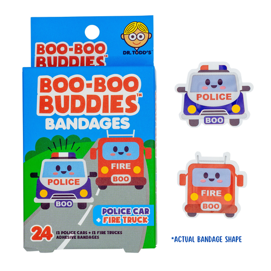 Police Car & Fire Truck Bandages for Kids – Waterproof, Latex-Free, 24 Count | Dr. Todd’s Boo-Boo Buddies®