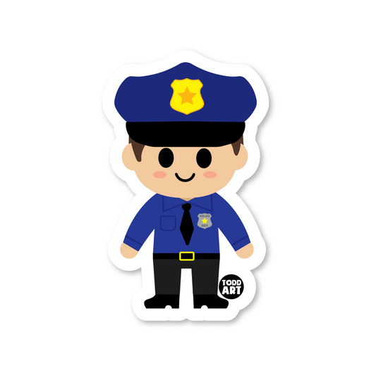 Cute kawaii police officer vinyl sticker — glossy 3″ die‑cut with badge and friendly face, perfect for kids & planners