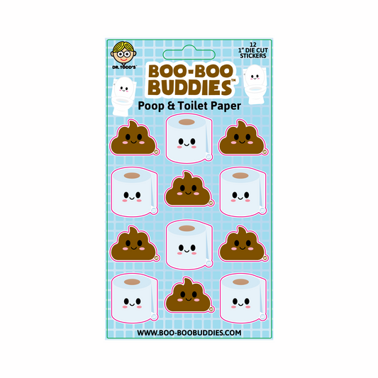 Funny 1-inch vinyl stickers with smiling poop and toilet paper, great for kids' crafts, water bottles, notebooks, and gag gifts.