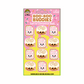 Boo-Boo Buddies® Tart and Cinnamon Roll sticker sheet featuring 12 adorable 1-inch vinyl stickers with frosted pink toaster pastries and smiling cinnamon rolls on a sprinkle-covered pink and yellow background

