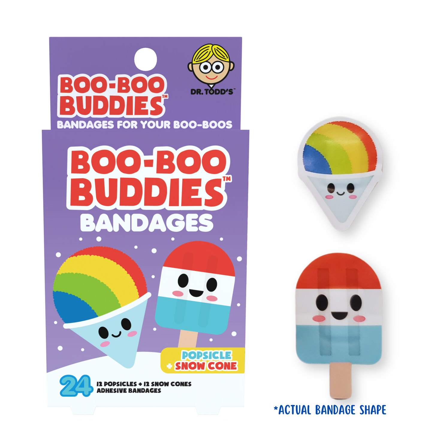 Popsicle & Snow Cone Bandages for Kids – Waterproof, Latex-Free, 24 Count | Dr. Todd’s Boo-Boo Buddies®