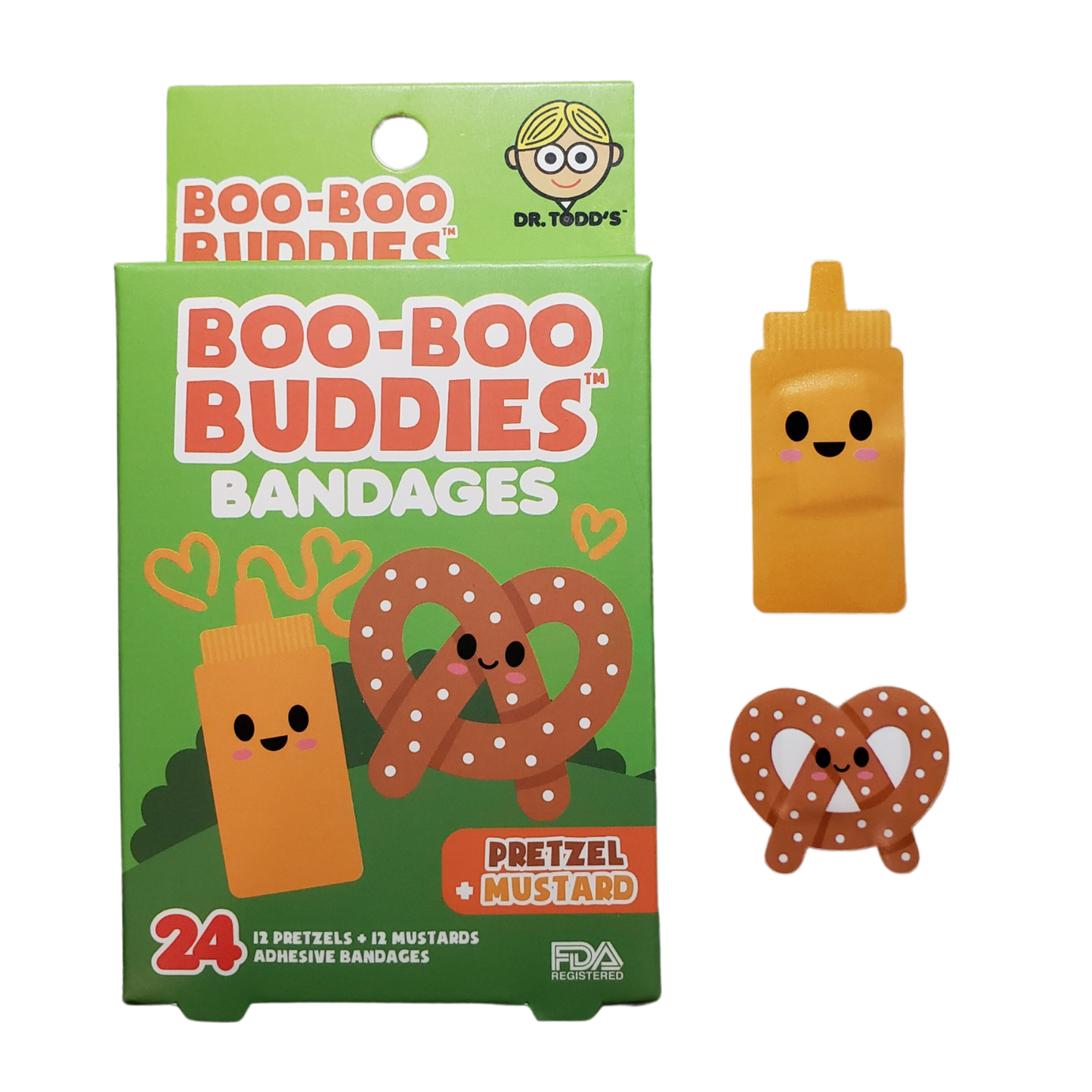 Pretzel & Mustard Bandages for Kids – Waterproof, Latex-Free, 24 Count | Dr. Todd’s Boo-Boo Buddies®
