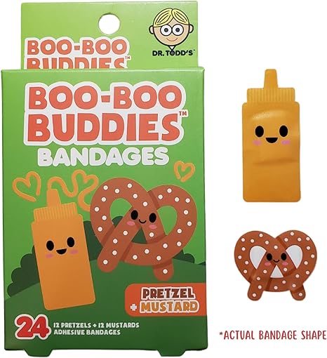 2-Pack Boo Boo Buddies™ Drumstick + Hot Dog and Pretzel + Mustard Bandages | 48 Ct  | Food-Themed Adhesive Bandages for Kids | Waterproof, Latex-Free, Sensitive Skin Safe | Fun First Aid for Cuts & Scrap