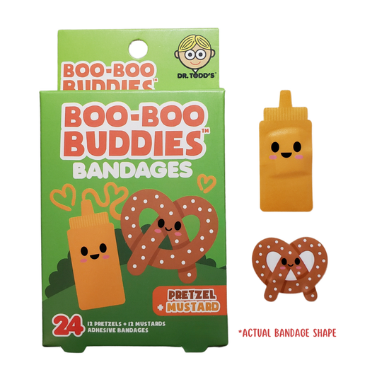 Pretzel & Mustard Bandages for Kids – Waterproof, Latex-Free, 24 Count | Dr. Todd’s Boo-Boo Buddies®