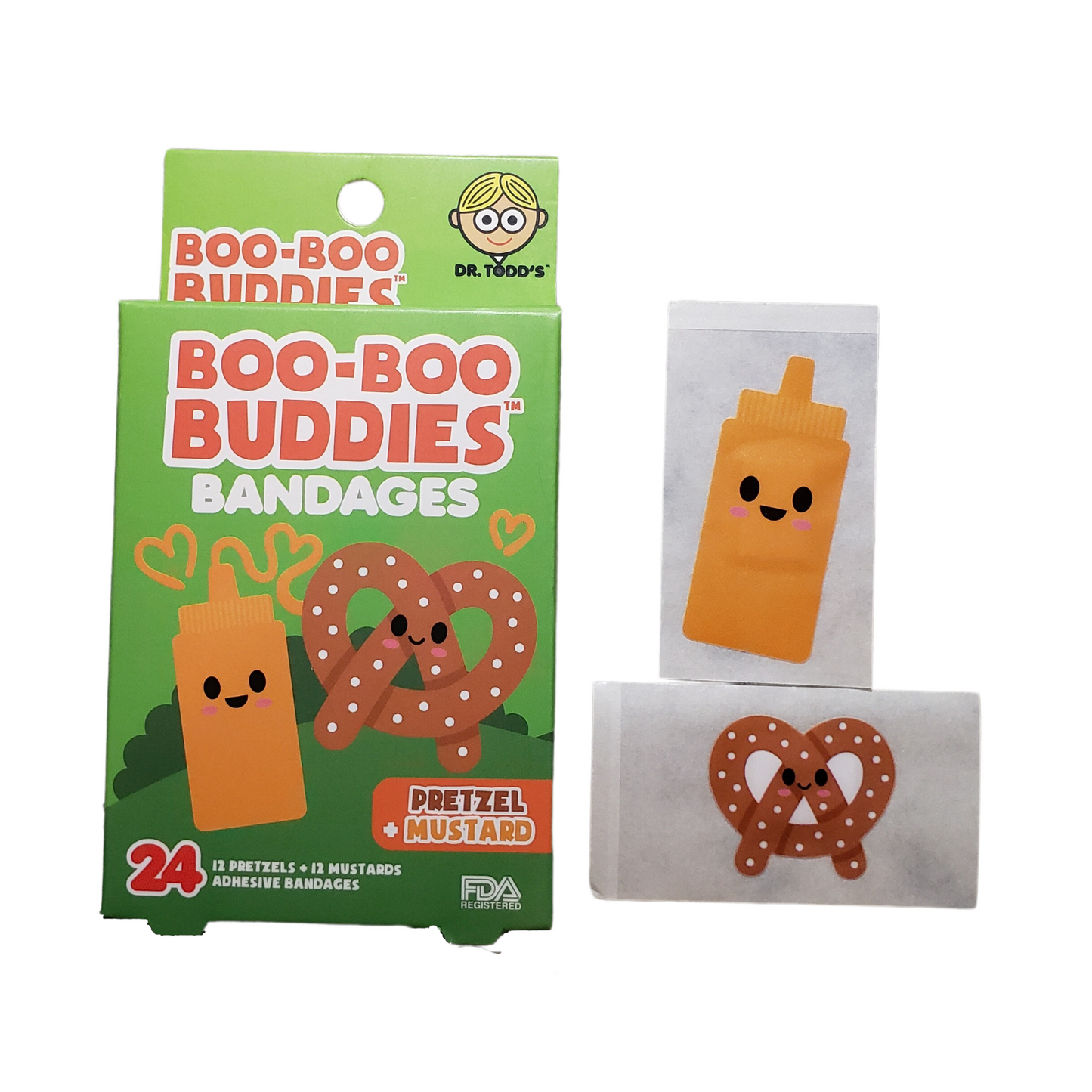 Pretzel & Mustard Bandages for Kids – Waterproof, Latex-Free, 24 Count | Dr. Todd’s Boo-Boo Buddies®