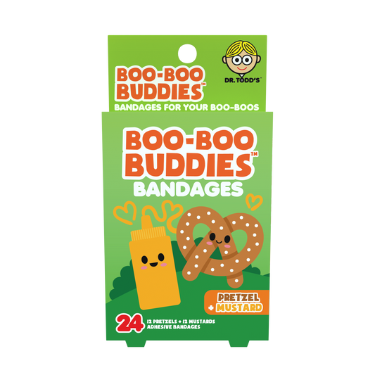 Pretzel & Mustard Bandages for Kids – Waterproof, Latex-Free, 24 Count