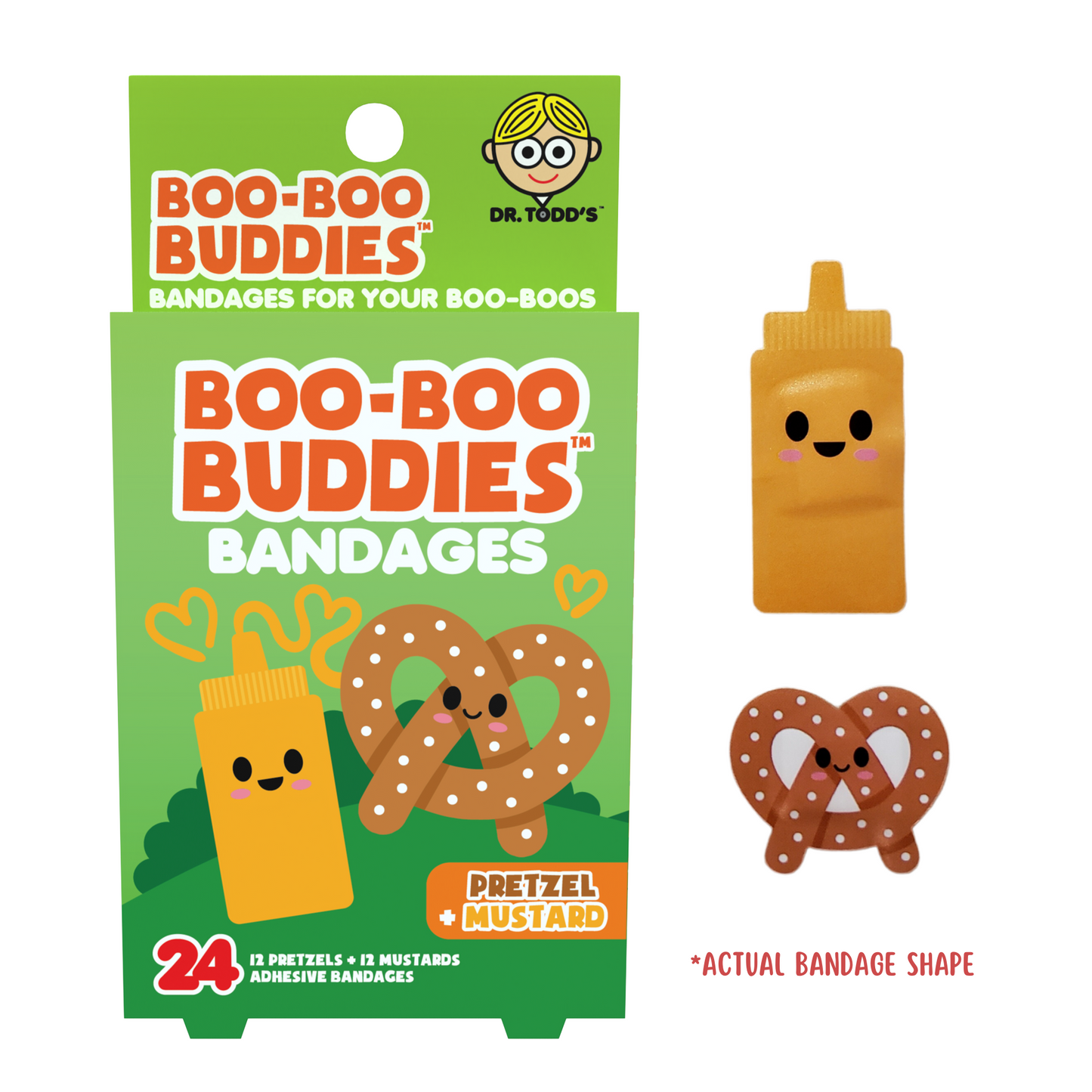 Pretzel & Mustard Bandages for Kids – Waterproof, Latex-Free, 24 Count