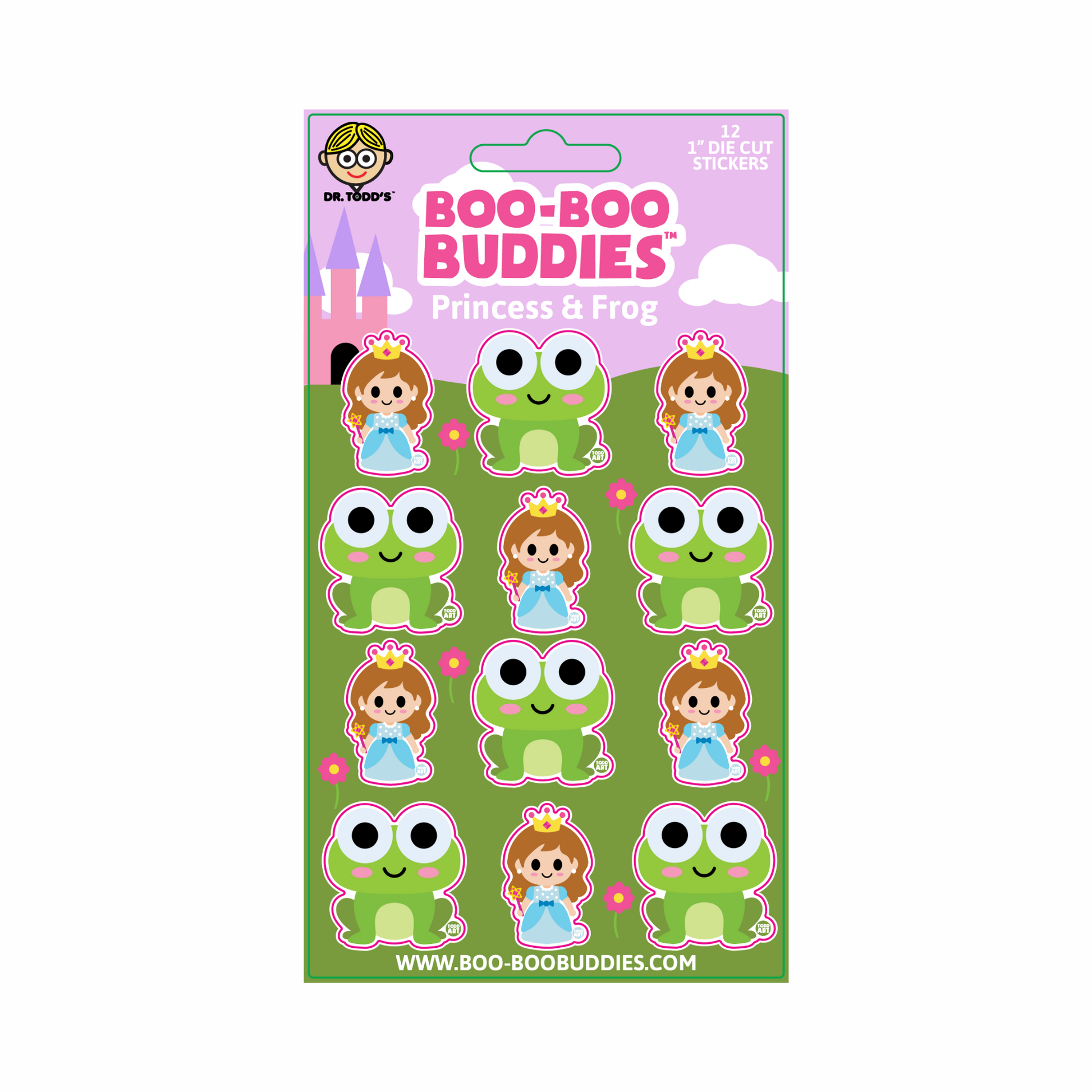 Boo-Boo Buddies® Princess and Frog sticker sheet with 12 cute 1-inch vinyl stickers featuring smiling frogs and crown-wearing princesses on a fairytale-themed green and purple background
