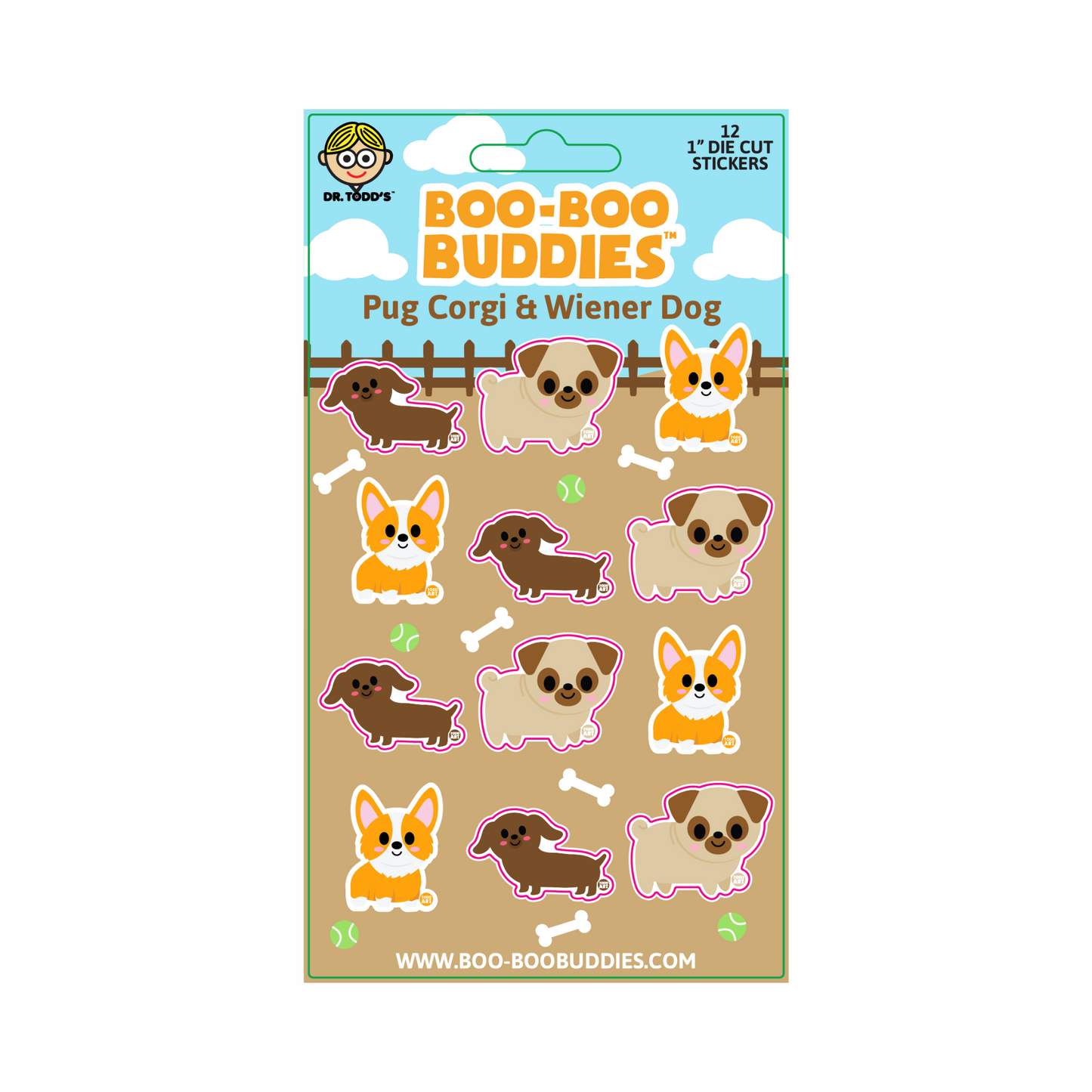 Boo-Boo Buddies® Pug, Corgi, and Wiener Dog sticker sheet with 12 playful 1-inch vinyl stickers of cute cartoon dogs on a tan background with bones and tennis balls

