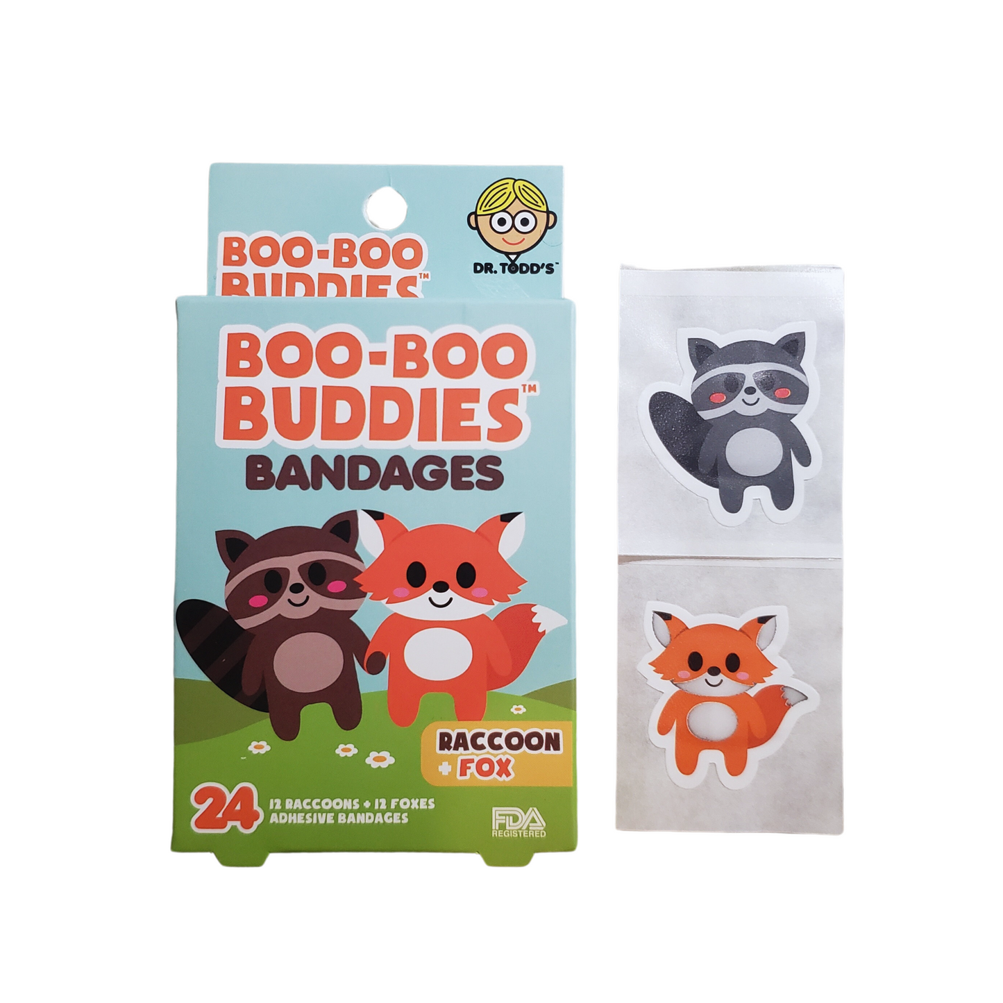 Raccoon & Fox Bandages for Kids – Waterproof, Latex-Free, 24 Count | Dr. Todd’s Boo-Boo Buddies®