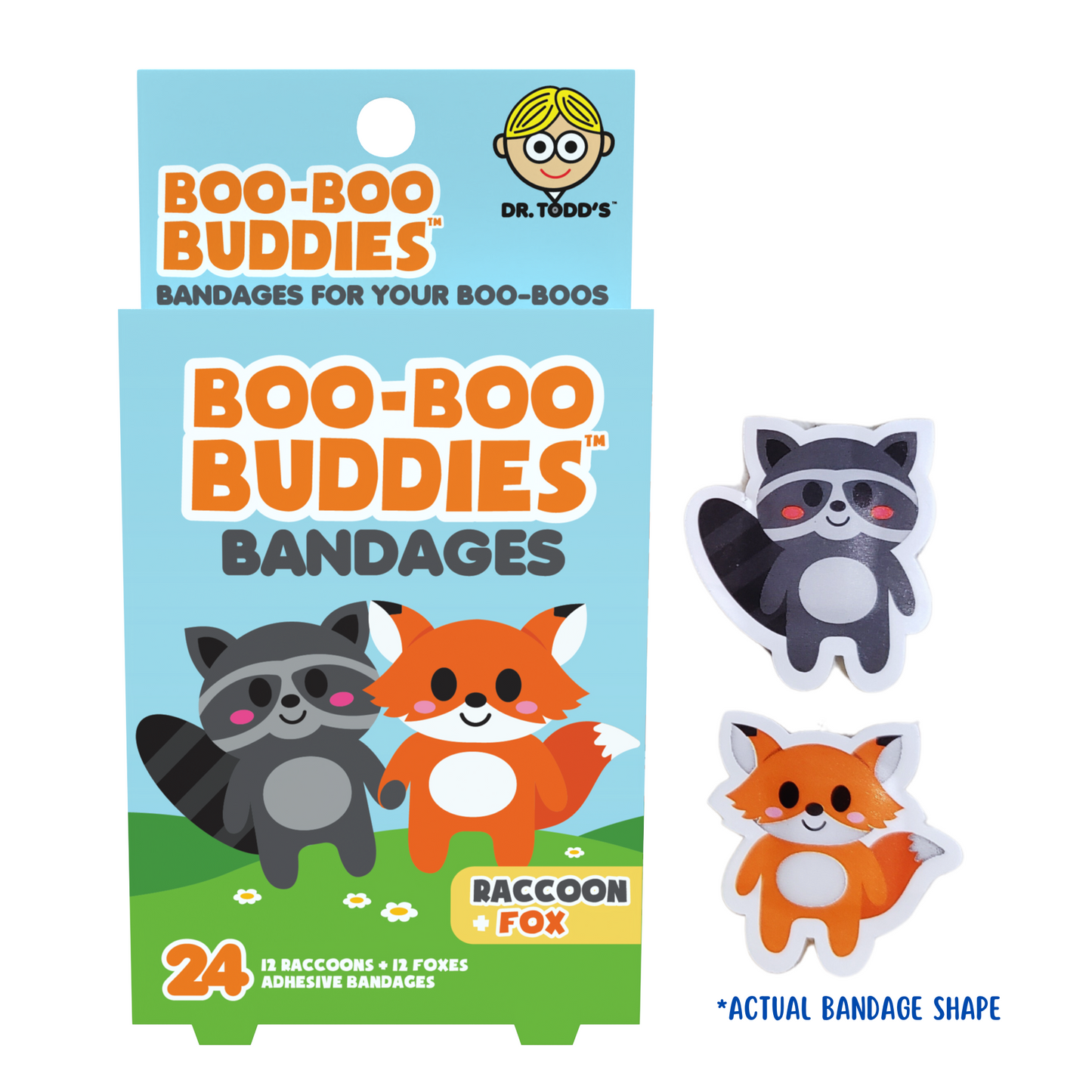 Raccoon & Fox Bandages for Kids – Waterproof, Latex-Free, 24 Count