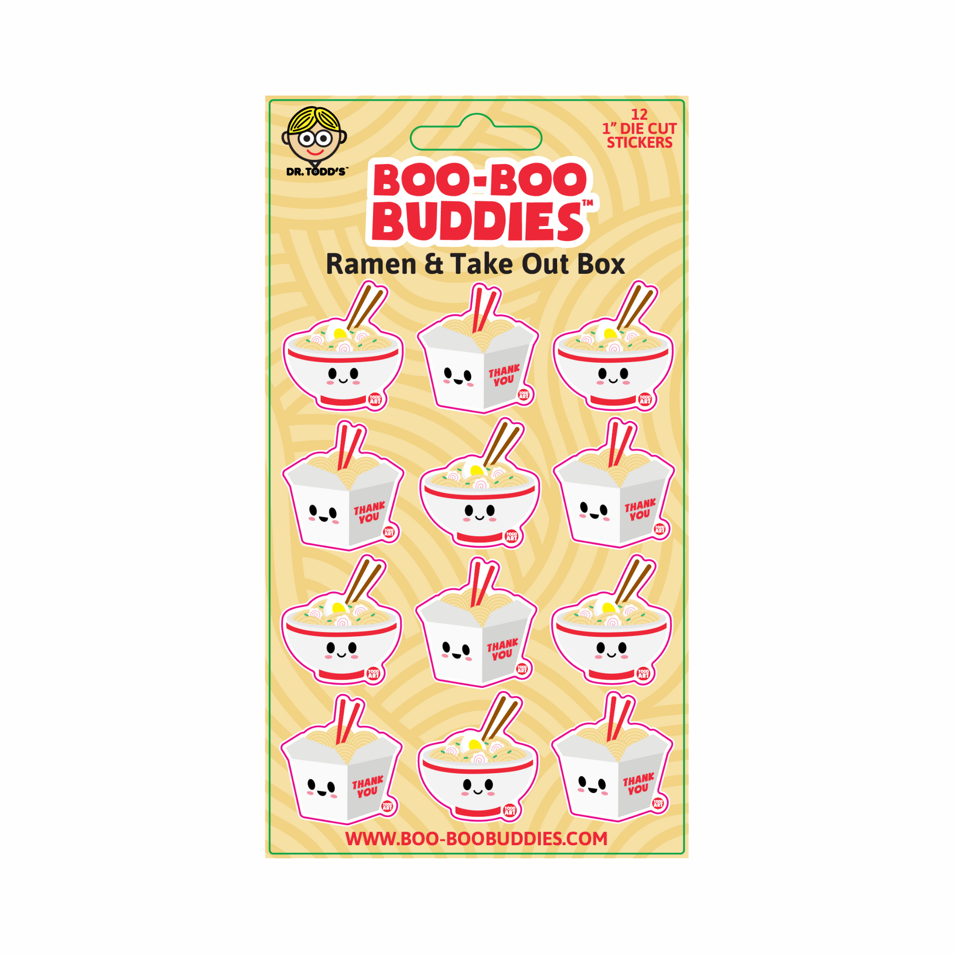 Boo-Boo Buddies® Ramen and Takeout Box sticker sheet with 12 cute 1-inch vinyl stickers featuring smiling noodle bowls and happy Chinese takeout containers with chopsticks
