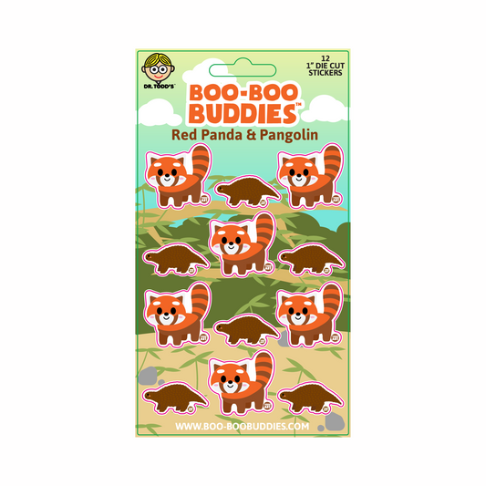 Boo-Boo Buddies® Red Panda & Pangolin Sticker Sheet featuring 12 adorable 1-inch animal stickers—includes 6 red pandas and 6 pangolins for wildlife-themed crafts, party favors, and sticker collections
