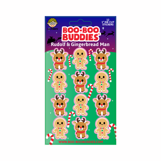 Boo-Boo Buddies® Rudolf and Gingerbread Man Sticker Sheet with 12 festive 1-inch vinyl stickers featuring smiling reindeer, gingerbread cookies, and candy canes—perfect for holiday crafts and stocking stuffers
