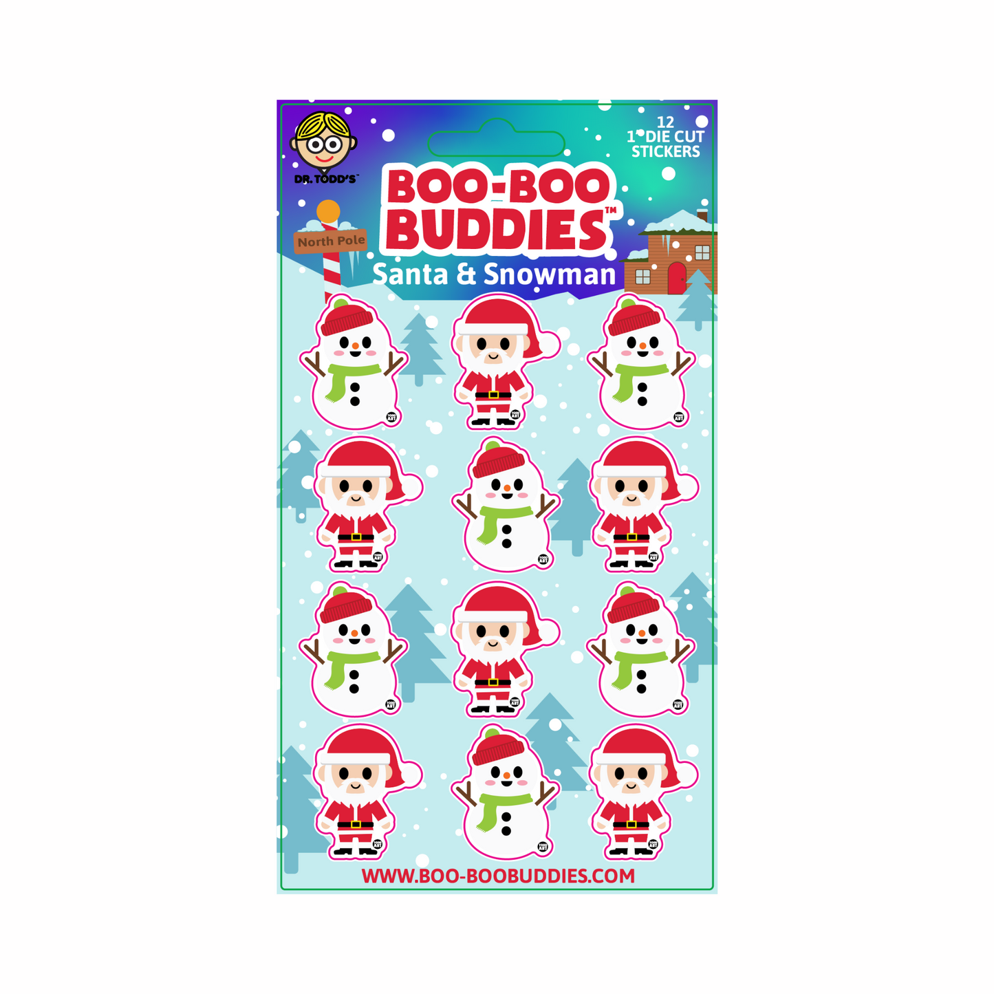 Boo-Boo Buddies® Santa and Snowman Sticker Sheet with 12 cute 1-inch holiday stickers featuring jolly Santas and cheerful snowmen—perfect for Christmas crafts, stocking stuffers, and winter decorations
