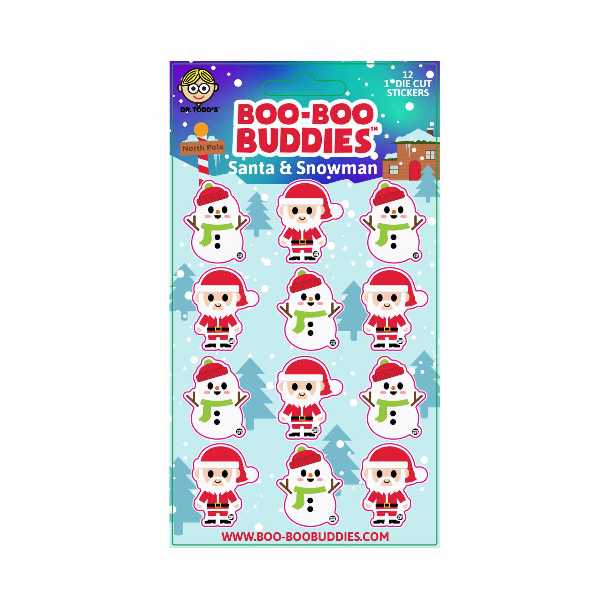 Boo-Boo Buddies® Santa and Snowman Sticker Sheet with 12 cute 1-inch holiday stickers featuring jolly Santas and cheerful snowmen—perfect for Christmas crafts, stocking stuffers, and winter decorations
