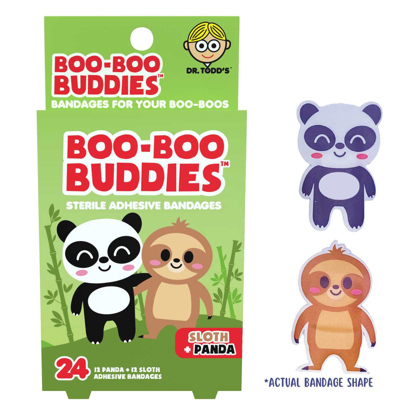 Sloth & Panda Bandages for Kids – Waterproof, Latex-Free, 24 Count | Dr. Todd’s Boo-Boo Buddies®