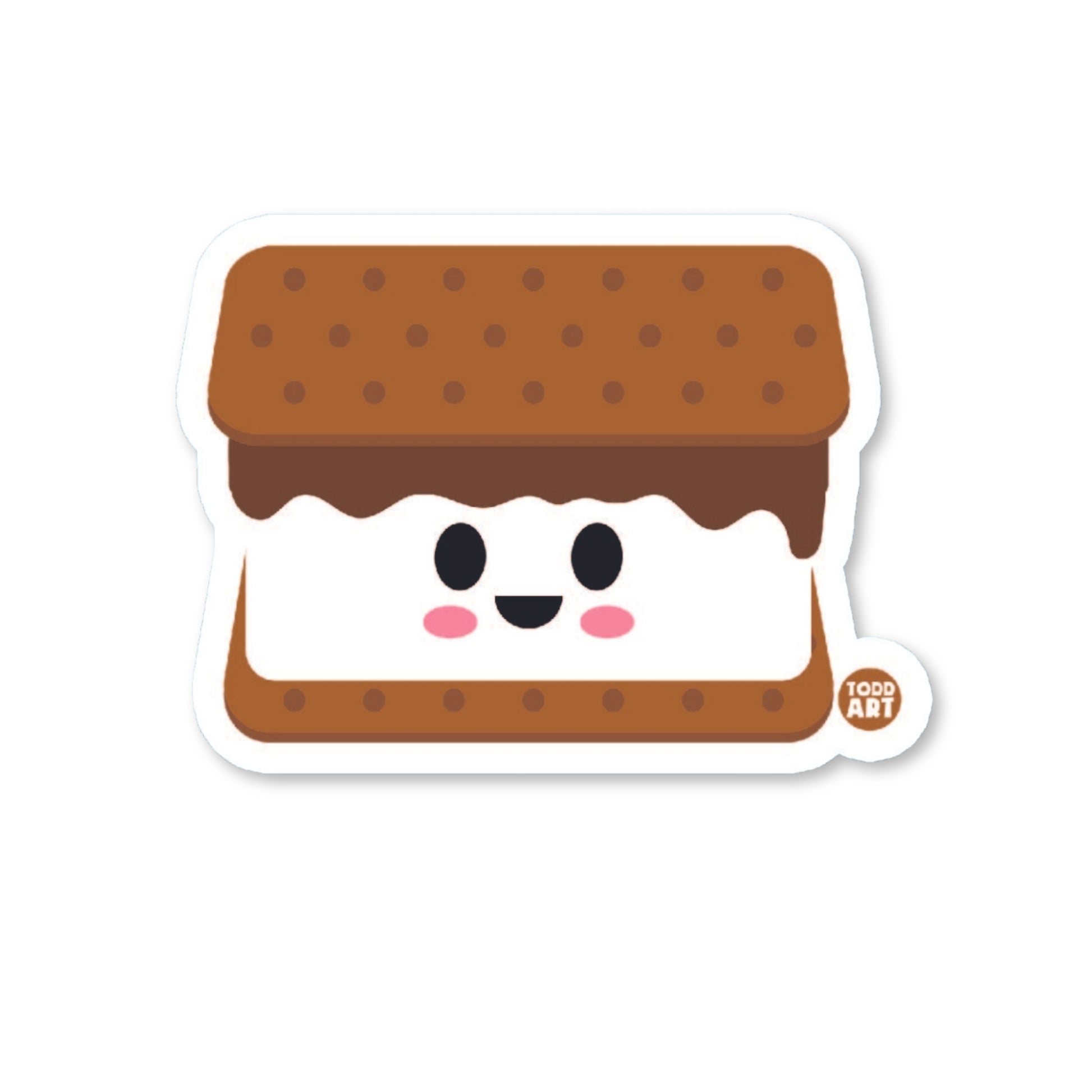 A die-cut vinyl sticker of a cute s'mores character with a smiling face, designed with a high-quality glossy finish.