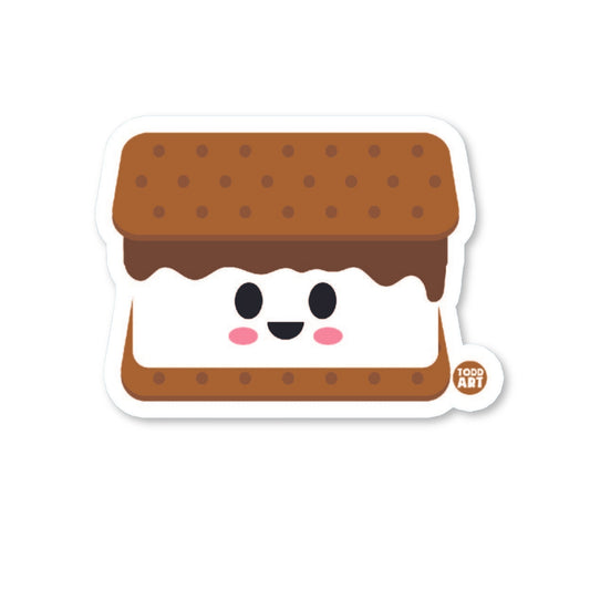A die-cut vinyl sticker of a cute s'mores character with a smiling face, designed with a high-quality glossy finish.