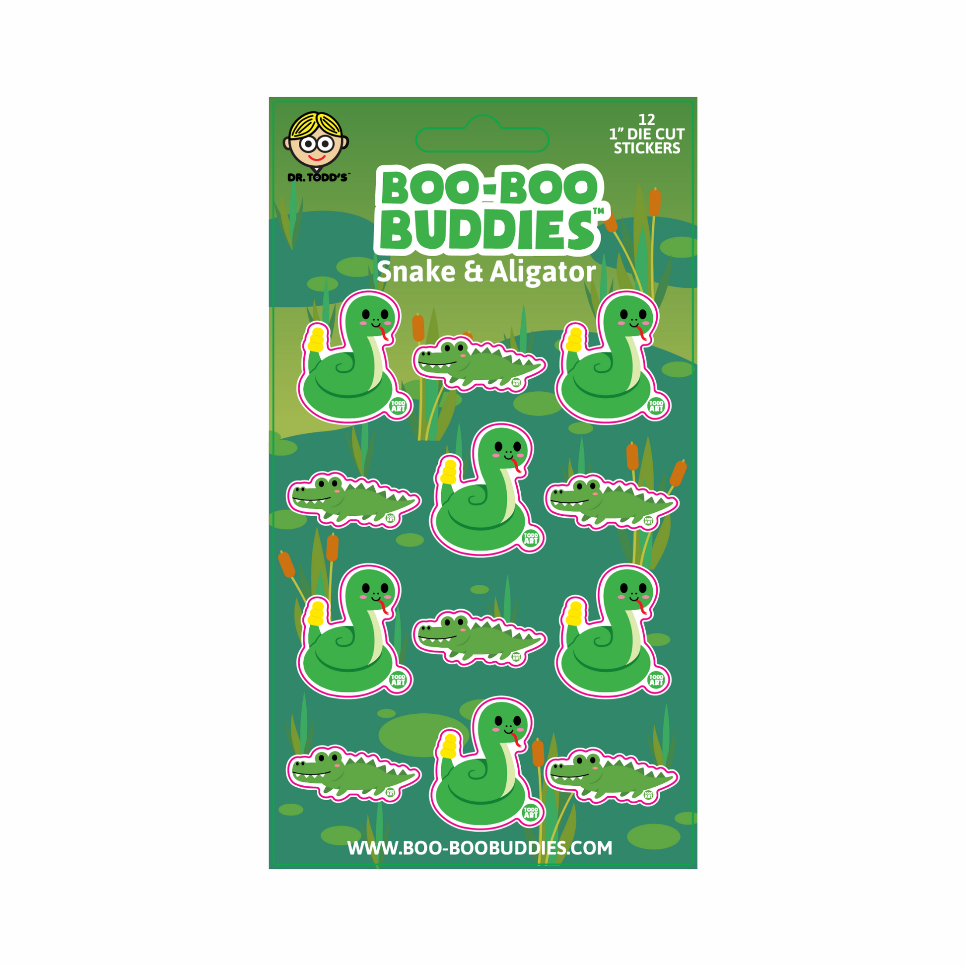 Set of 12 vinyl stickers featuring smiling snakes and alligators, perfect for kids’ crafts, water bottles, and sticker books.